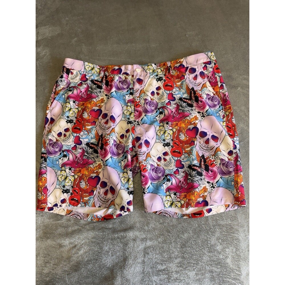 Hreski Shorts Men’s 46 Tropical Stretch Performance Skulls/Roses/Lips Colorful